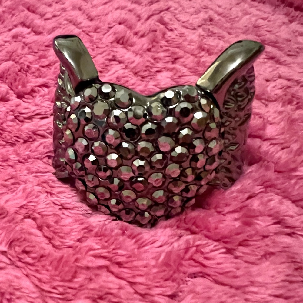 Gorgeous gunmetal gray bangle bracelet with wings and crystal encrusted heart